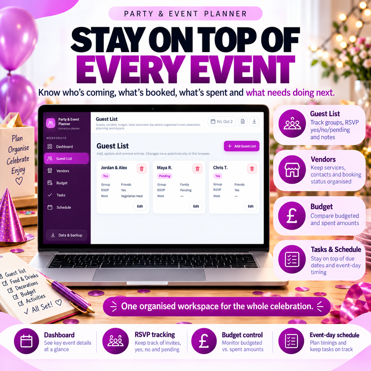 🎉📱 Party & Event Planner App — Interactive Personal Planner