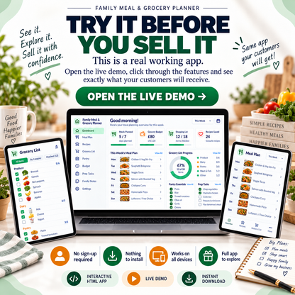 🍲🛒 Family Meal & Grocery Planner App — Ready-Made Digital Product