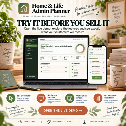 🏡📱 Home & Life Admin Planner App — Ready-Made Digital Product